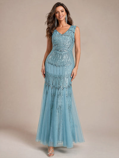 Beaded Sequin Tulle Sleeveless Maxi Evening Dress