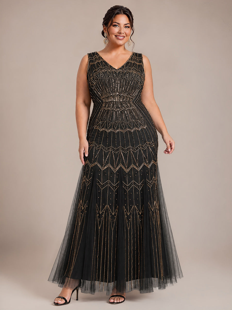 Beaded Sequin Tulle Sleeveless Maxi Evening Dress #color_Black & Gold