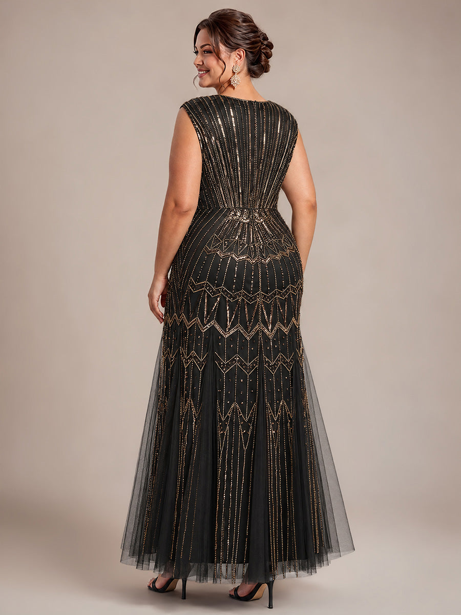 Beaded Sequin Tulle Sleeveless Maxi Evening Dress #color_Black & Gold
