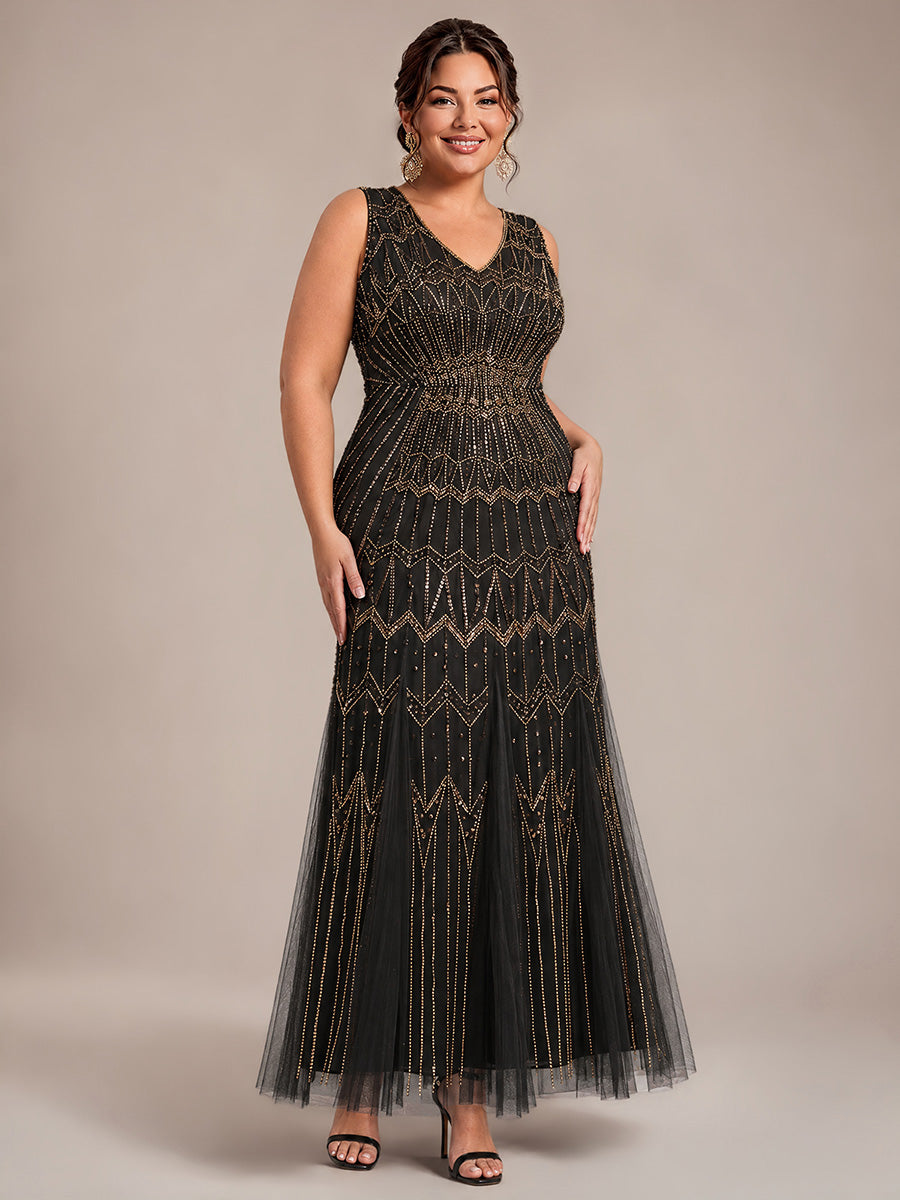 Beaded Sequin Tulle Sleeveless Maxi Evening Dress #color_Black & Gold