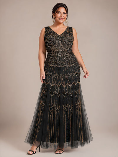 Plus Size Beaded Sequin Sleeveless Maxi Evening Dress