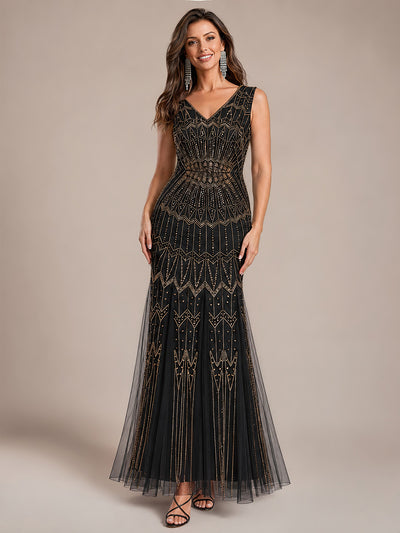 Beaded Sequin Tulle Sleeveless Maxi Evening Dress