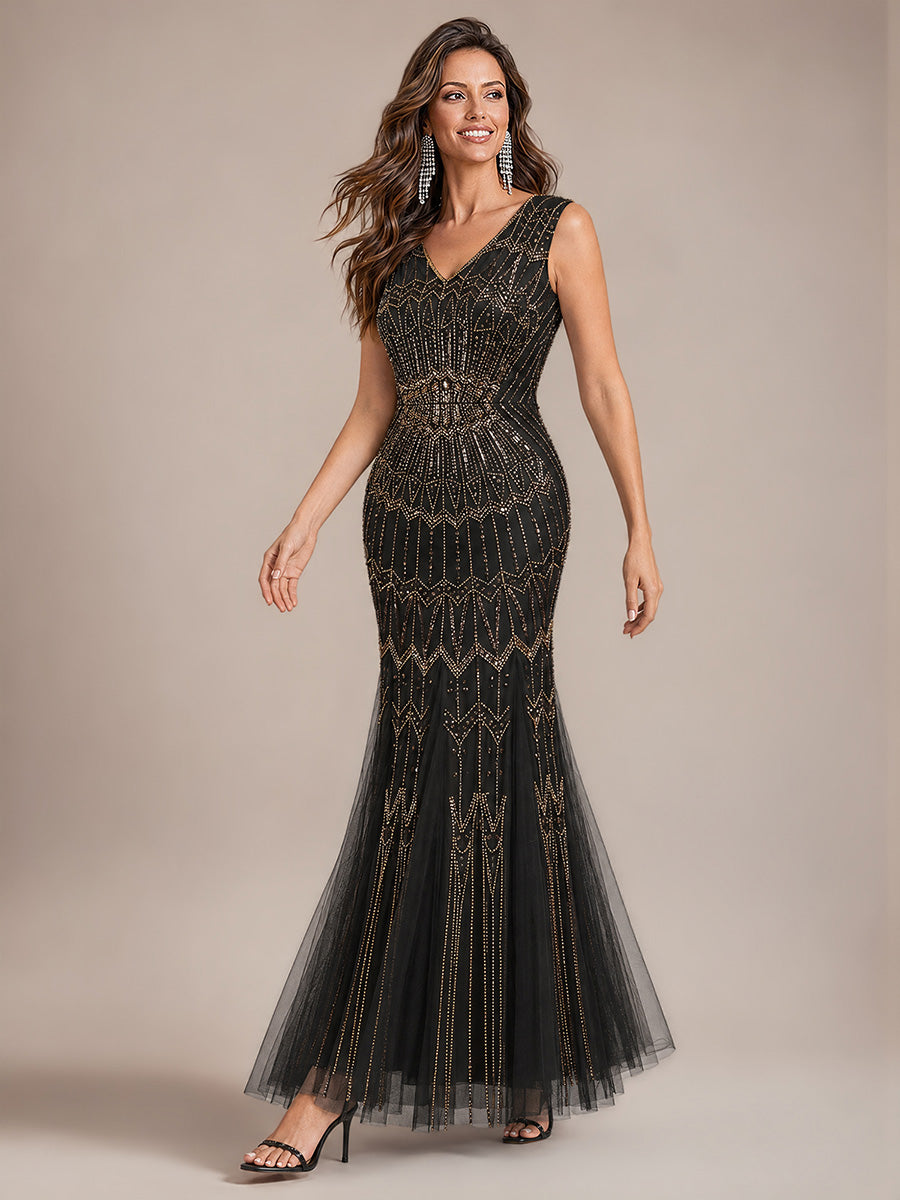 Beaded Sequin Tulle Sleeveless Maxi Evening Dress #color_Black & Gold