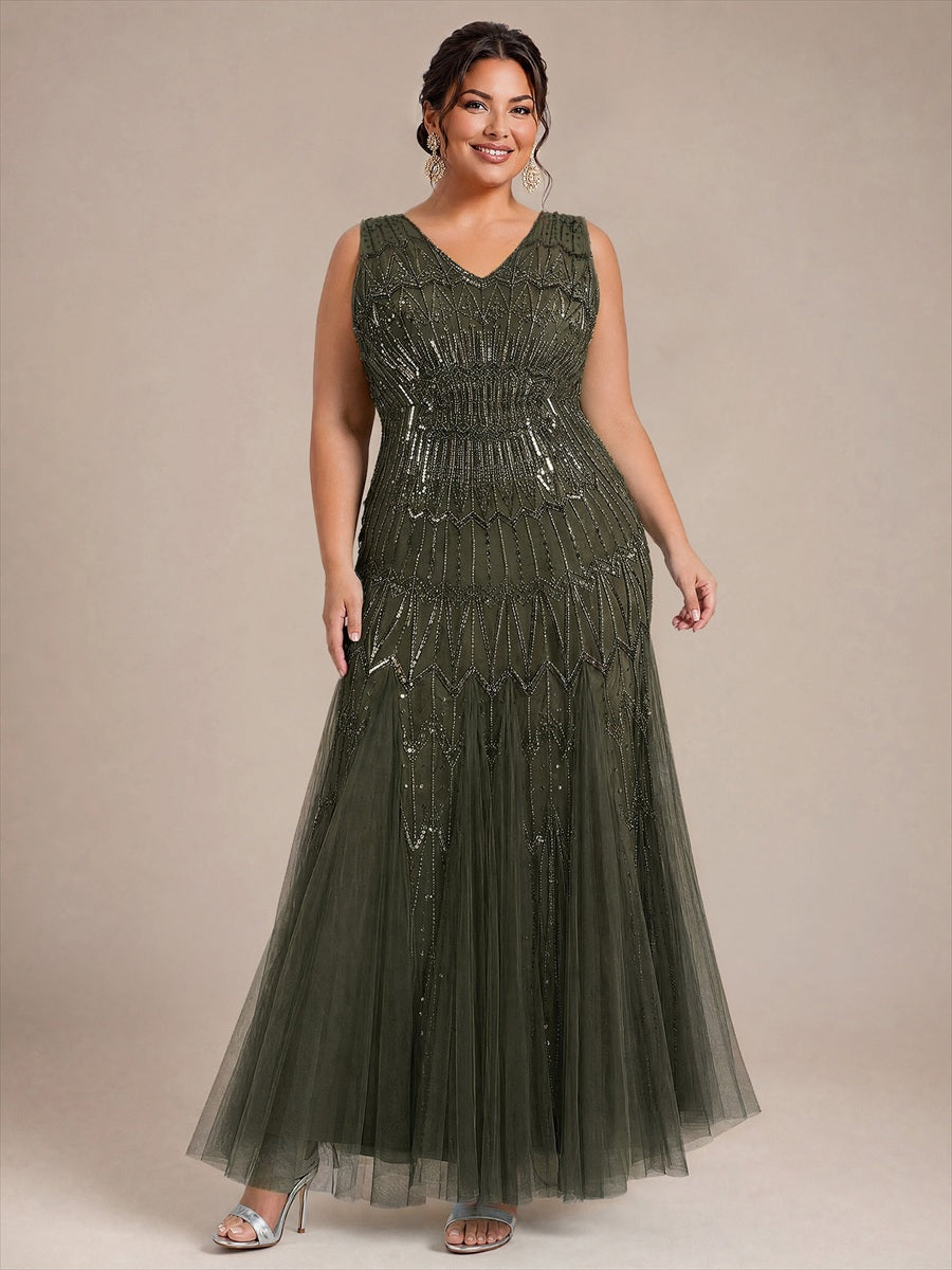Beaded Sequin Tulle Sleeveless Maxi Evening Dress #color_Olive Green
