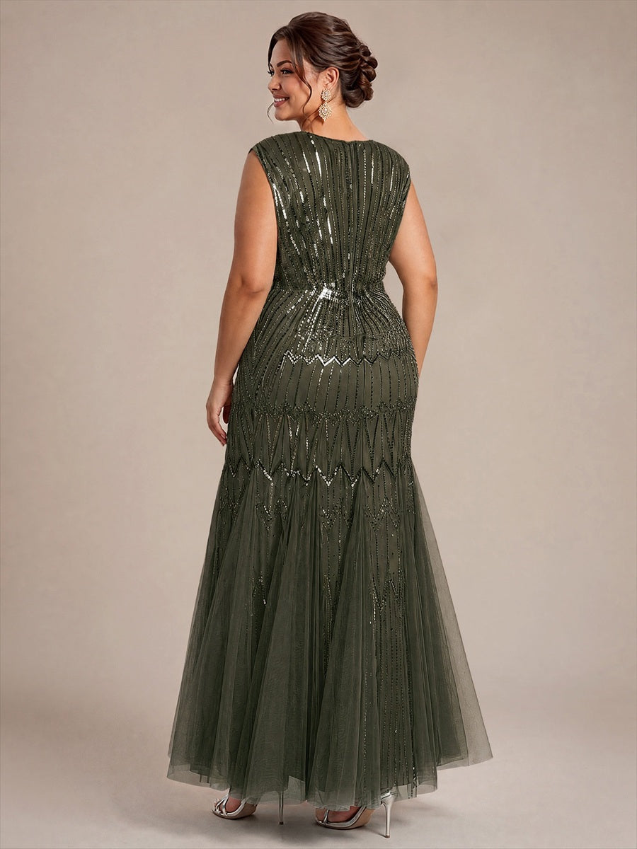 Plus Size Beaded Sequin Sleeveless Maxi Evening Dress #color_Olive Green