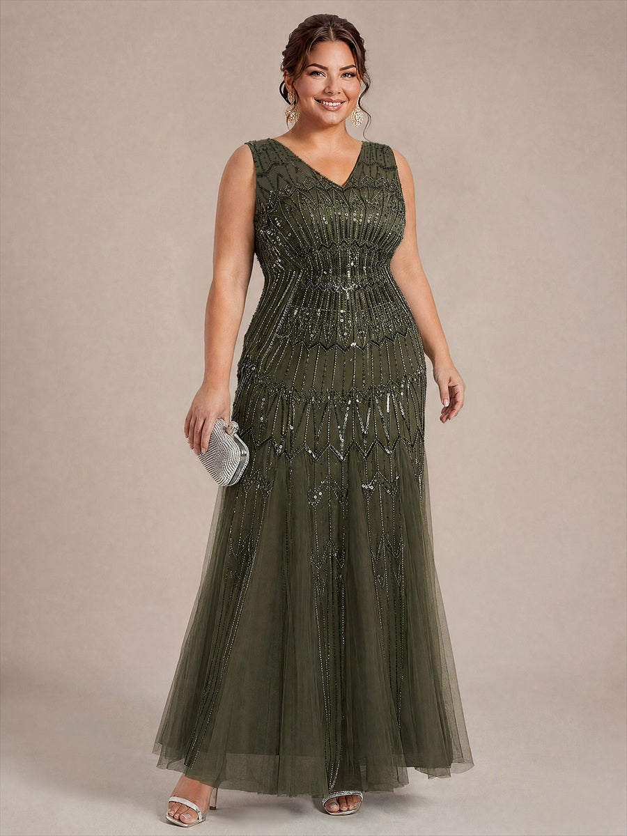 Plus Size Beaded Sequin Sleeveless Maxi Evening Dress #color_Olive Green