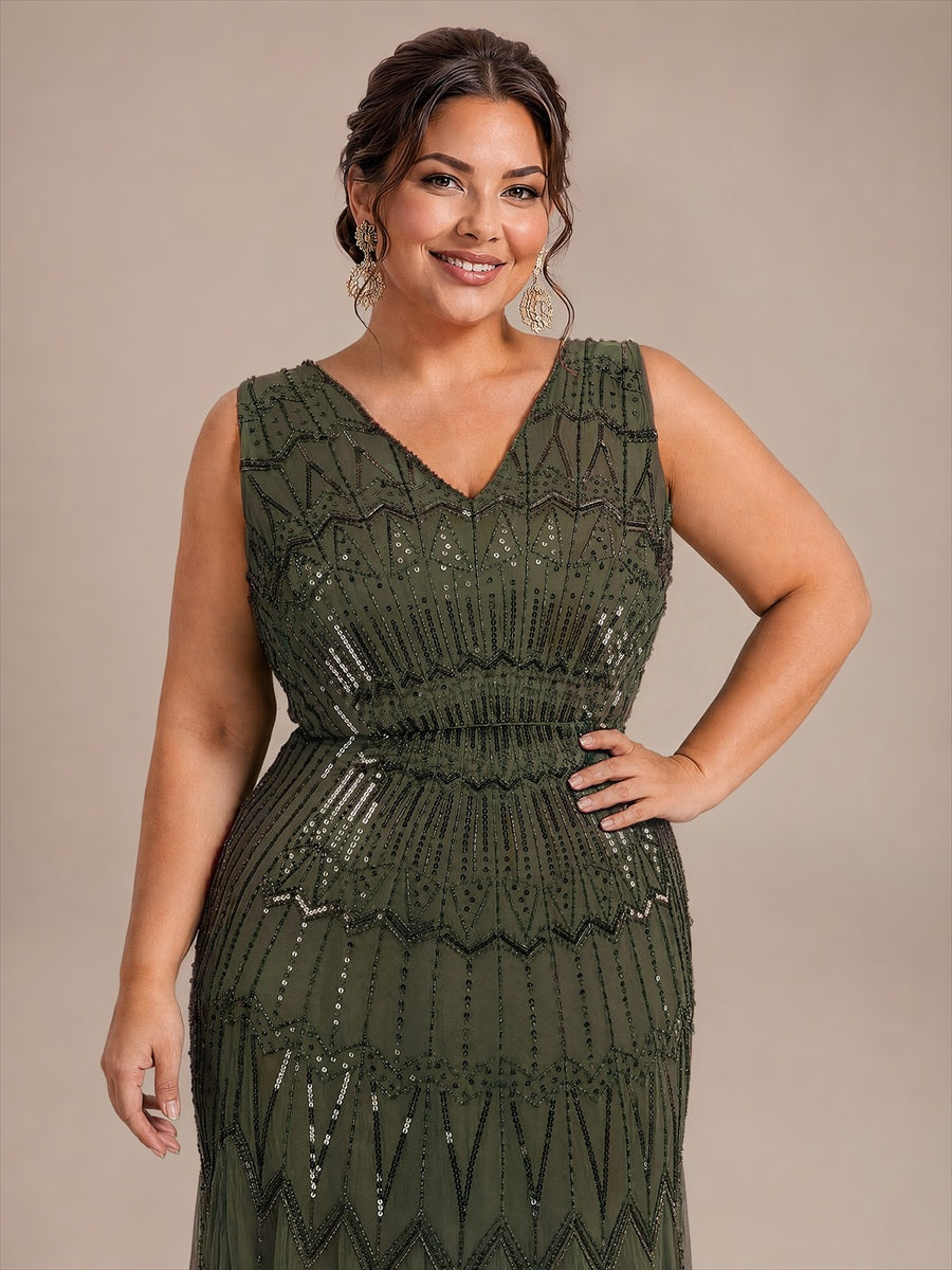 Plus Size Beaded Sequin Sleeveless Maxi Evening Dress #color_Olive Green