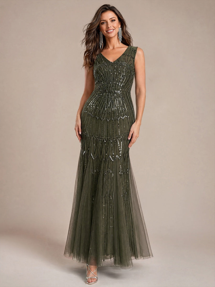 Beaded Sequin Tulle Sleeveless Maxi Evening Dress #color_Olive Green