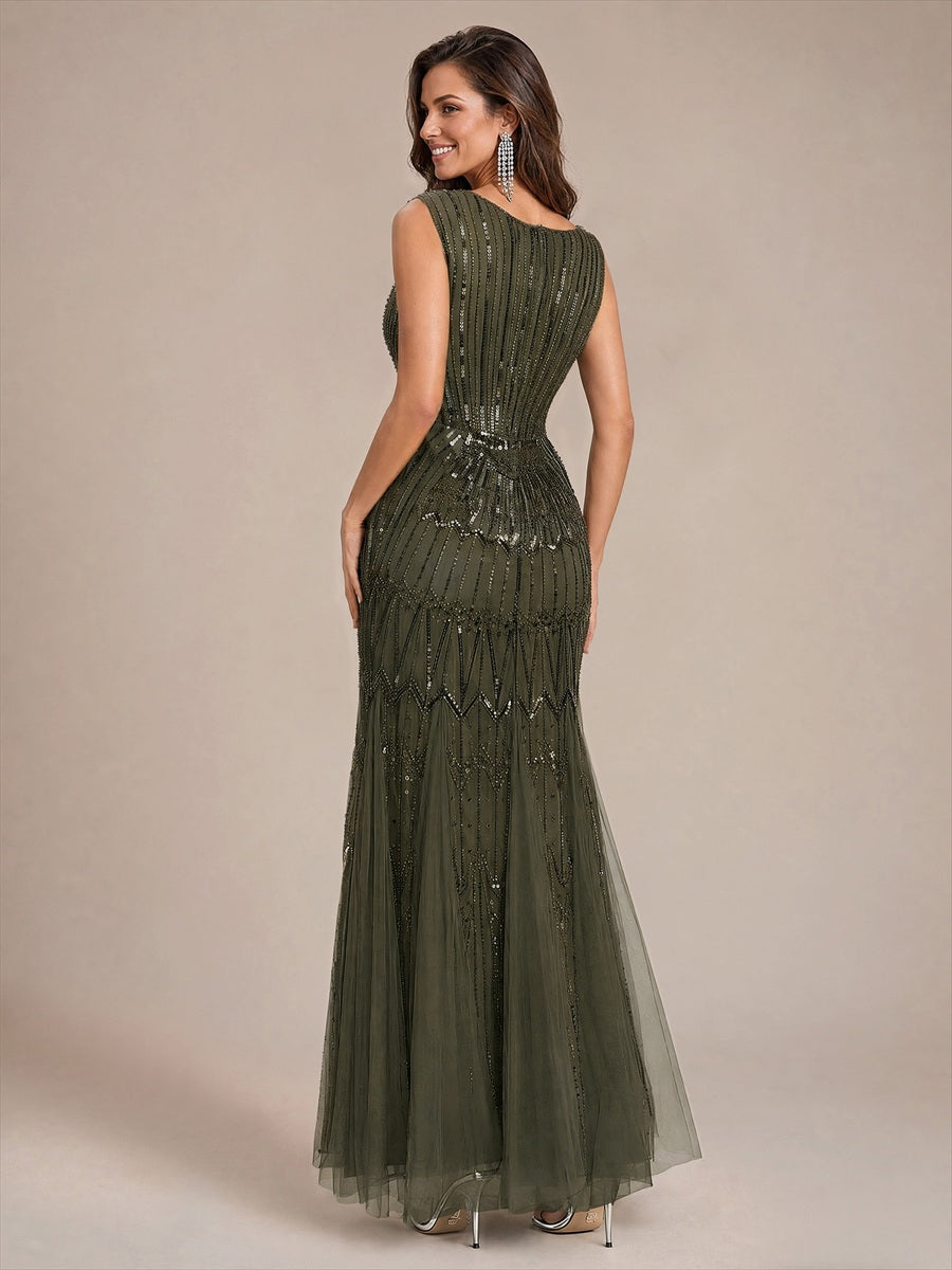 Beaded Sequin Tulle Sleeveless Maxi Evening Dress #color_Olive Green