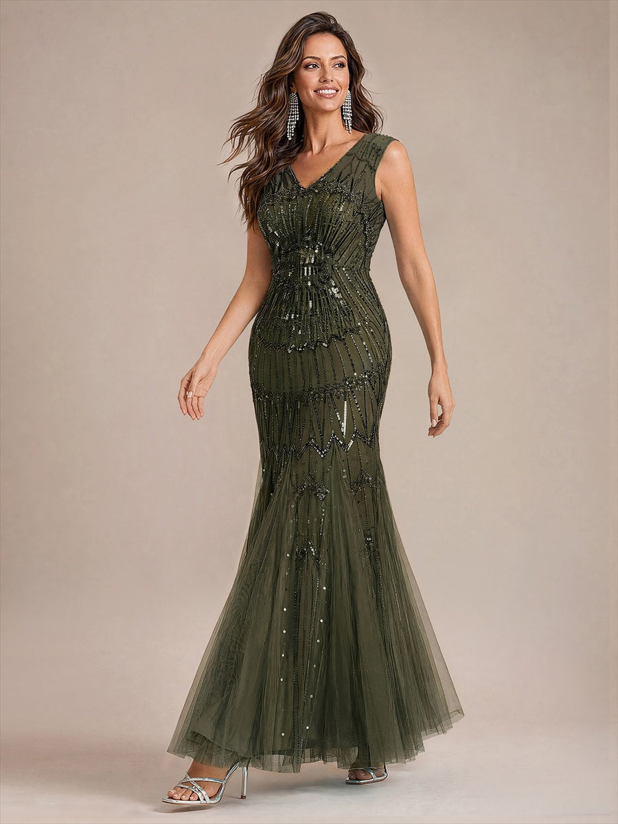 Beaded Sequin Tulle Sleeveless Maxi Evening Dress #color_Olive Green