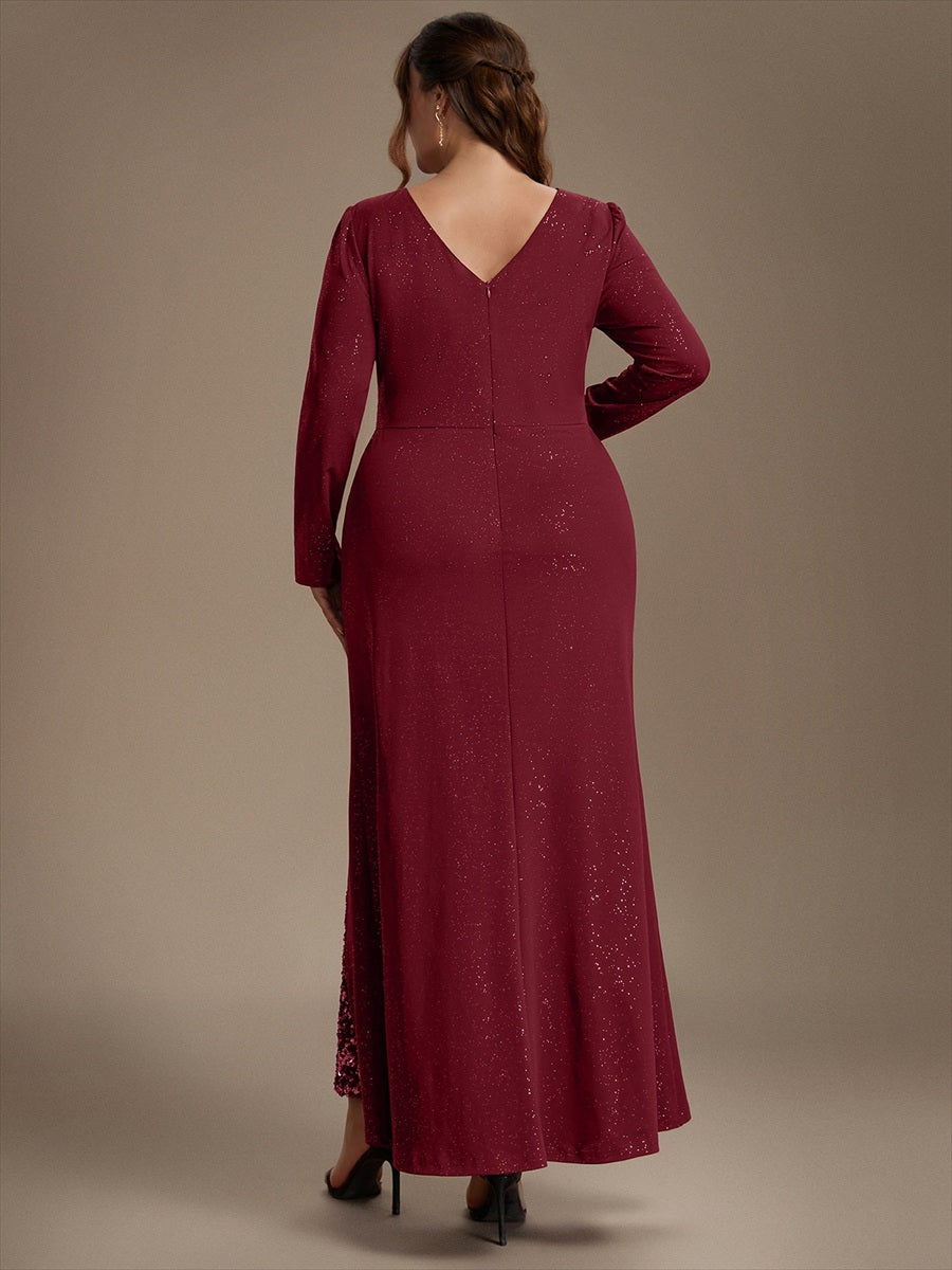 Sequin Knit Long Sleeve Evening Dress #color_Burgundy