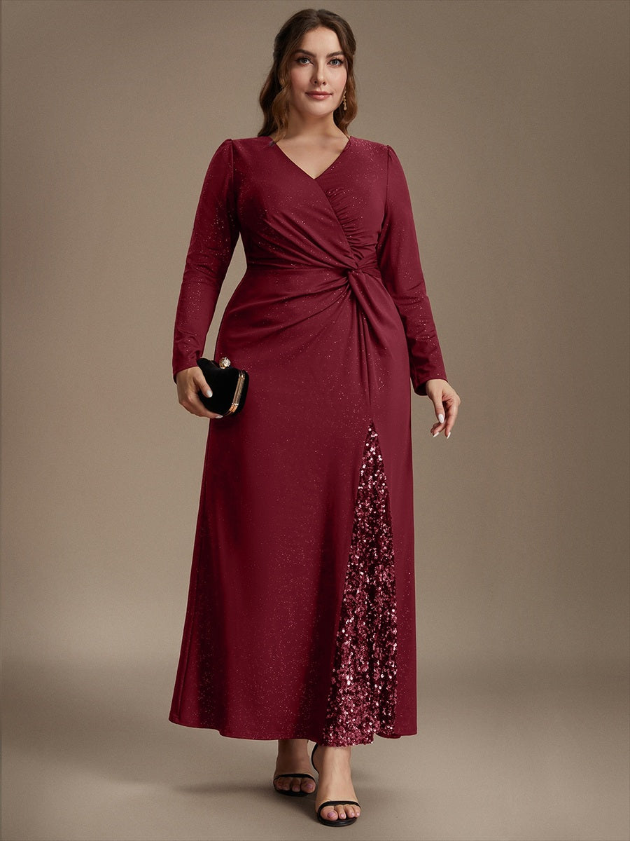 Sequin Knit Long Sleeve Evening Dress #color_Burgundy
