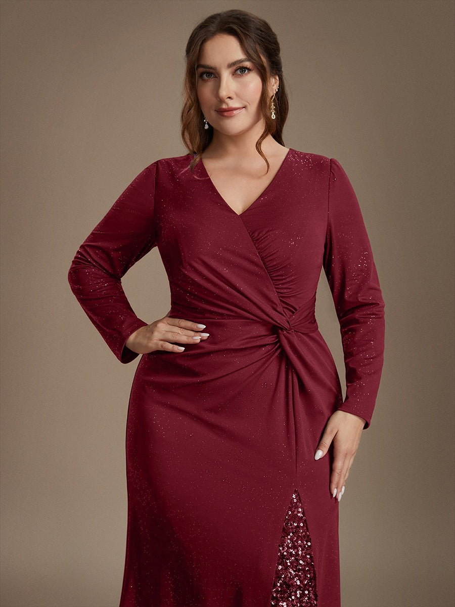 Sequin Knit Long Sleeve Evening Dress #color_Burgundy