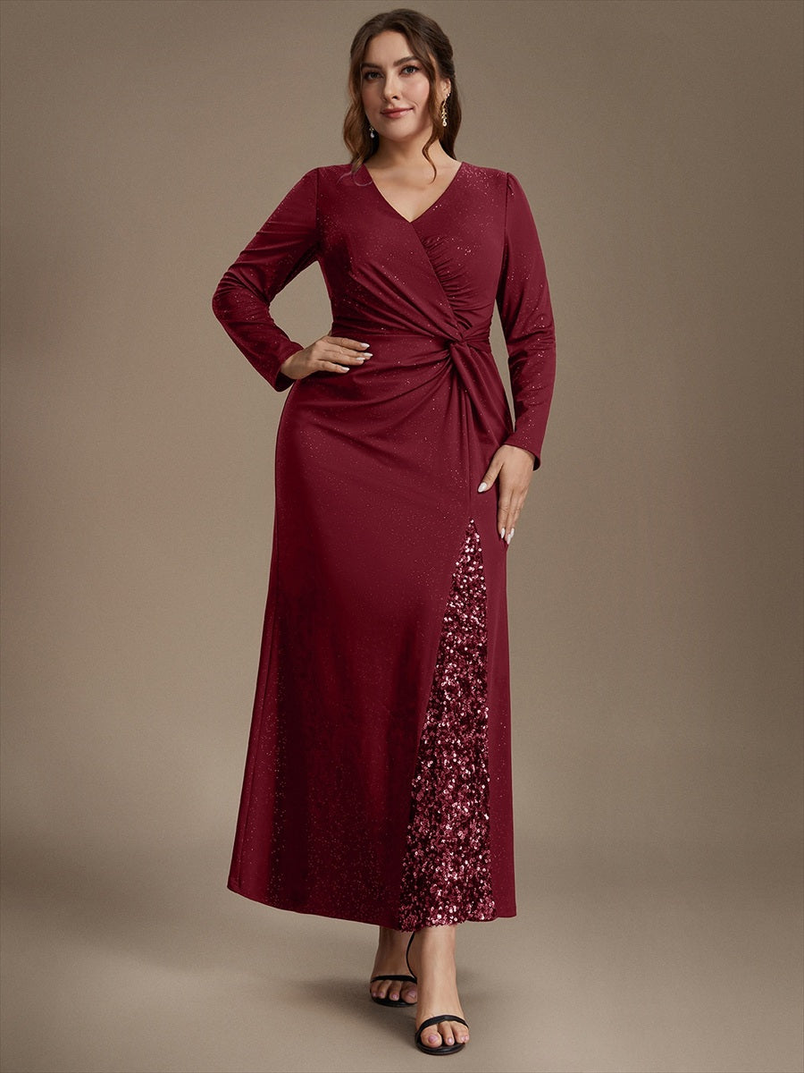 Plus Size Sequin Knit Evening Dress #color_Burgundy