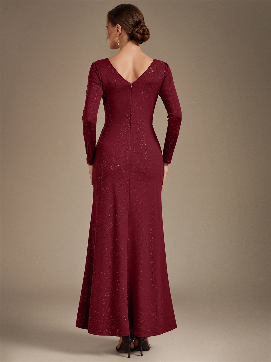 Sequin Knit Long Sleeve Evening Dress #color_Burgundy