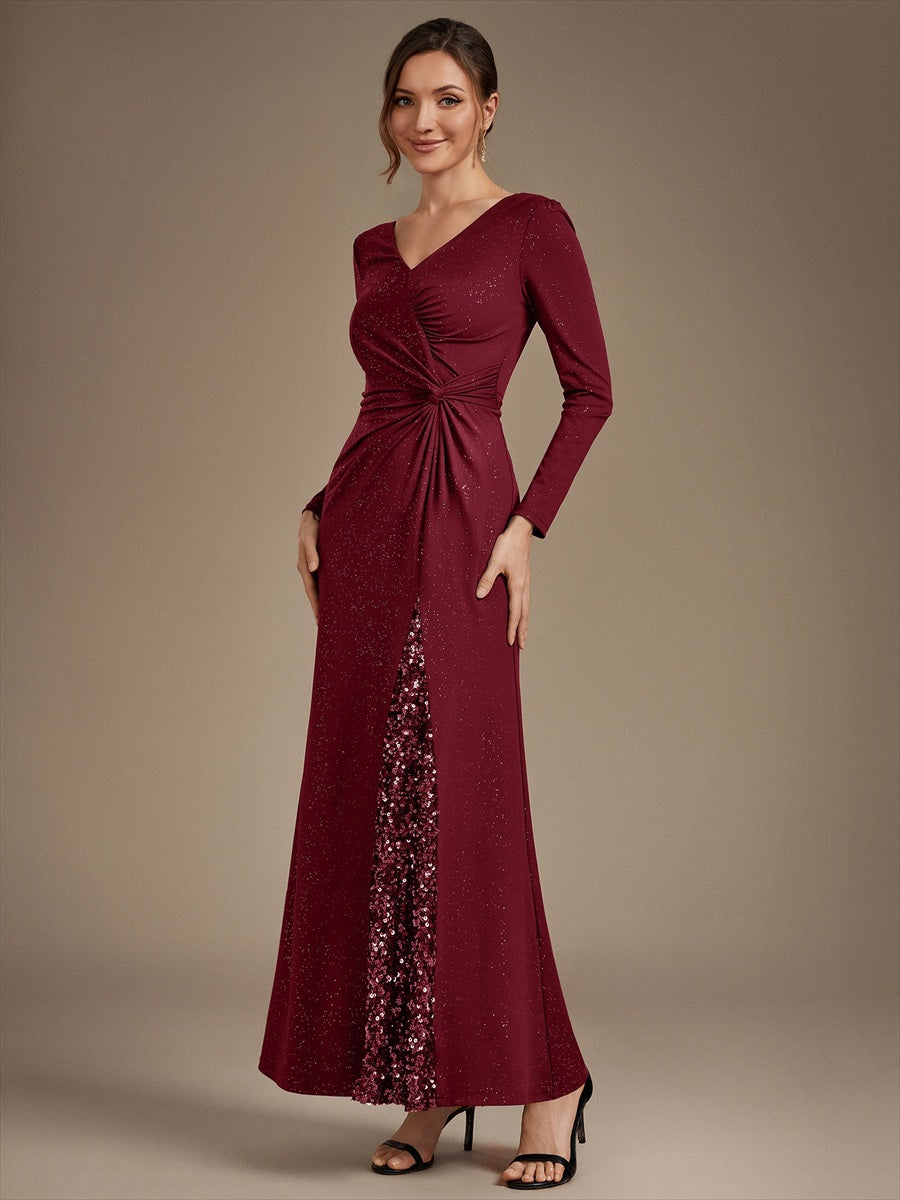 Sequin Knit Long Sleeve Evening Dress #color_Burgundy