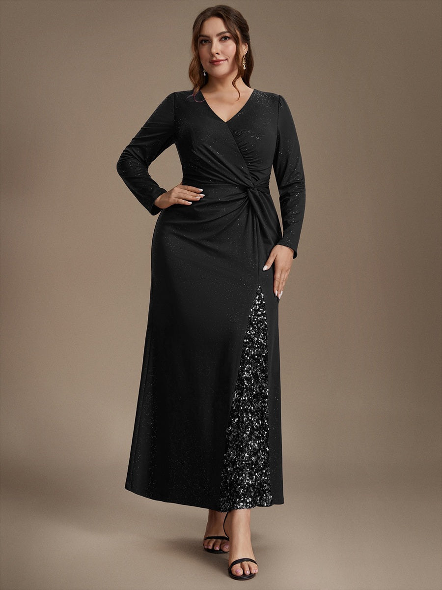 Sequin Knit Long Sleeve Evening Dress #color_Black