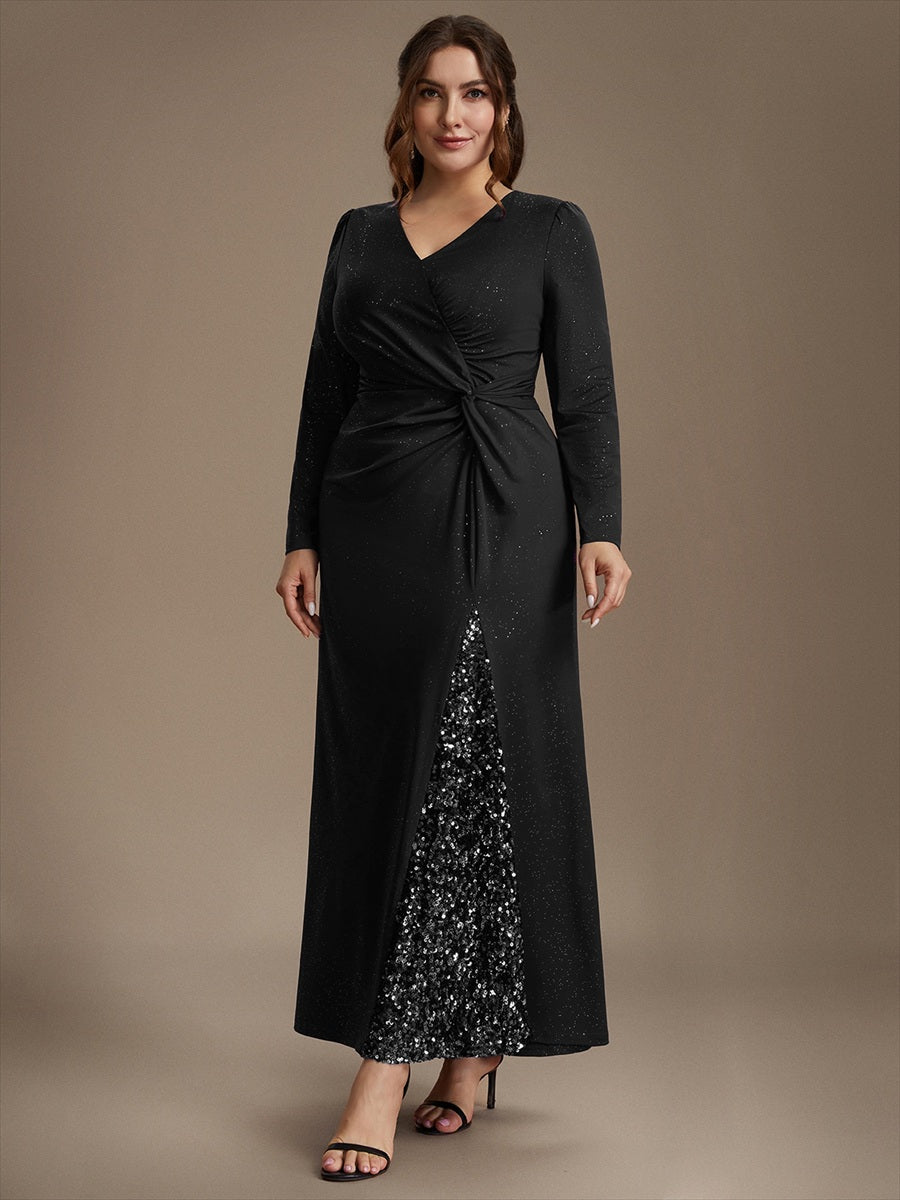 Sequin Knit Long Sleeve Evening Dress #color_Black