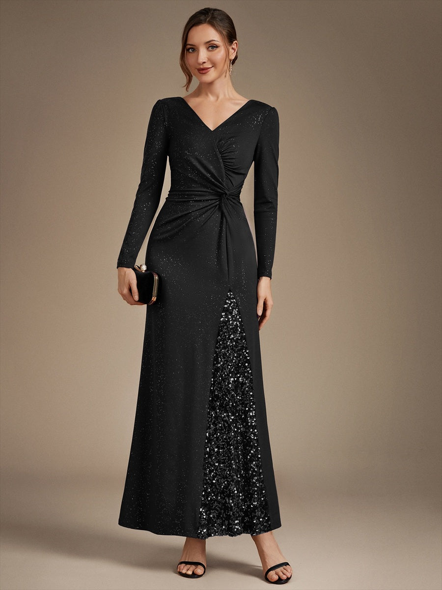 Sequin Knit Long Sleeve Evening Dress #color_Black
