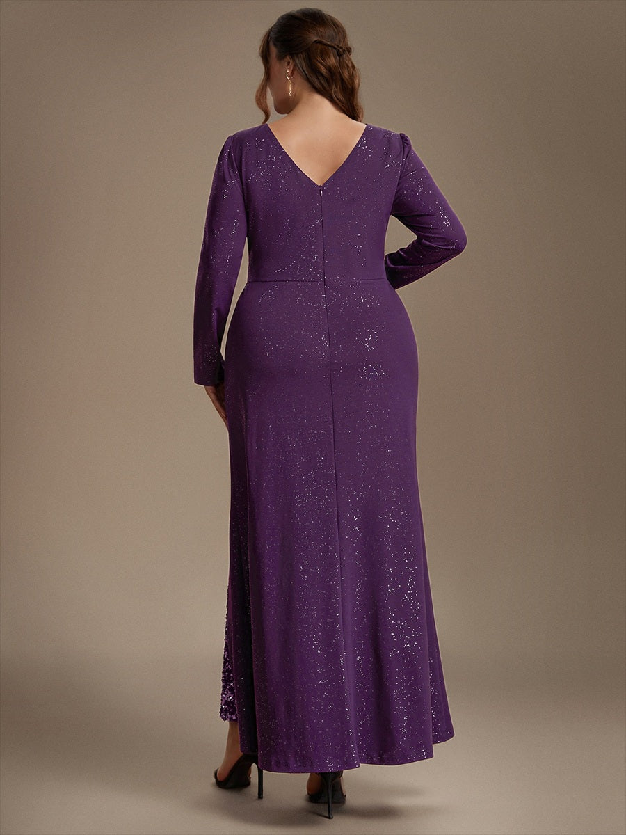 Plus Size Sequin Knit Evening Dress #color_Dark Purple