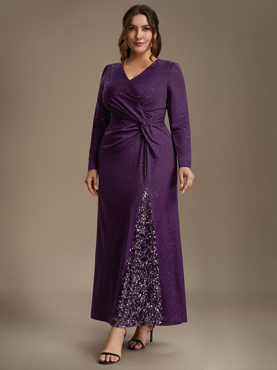 Plus Size Sequin Knit Evening Dress #color_Dark Purple