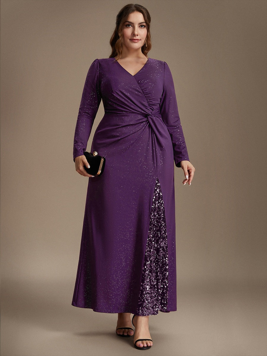Plus Size Sequin Knit Evening Dress #color_Dark Purple
