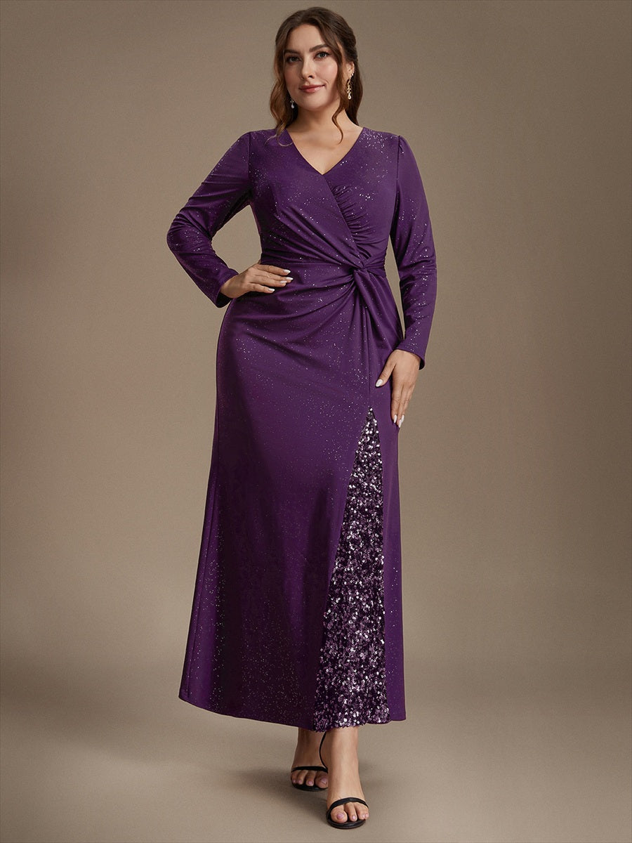 Plus Size Sequin Knit Evening Dress #color_Dark Purple