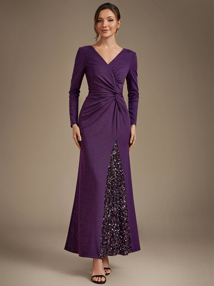 Sequin Knit Long Sleeve Evening Dress #color_Dark Purple