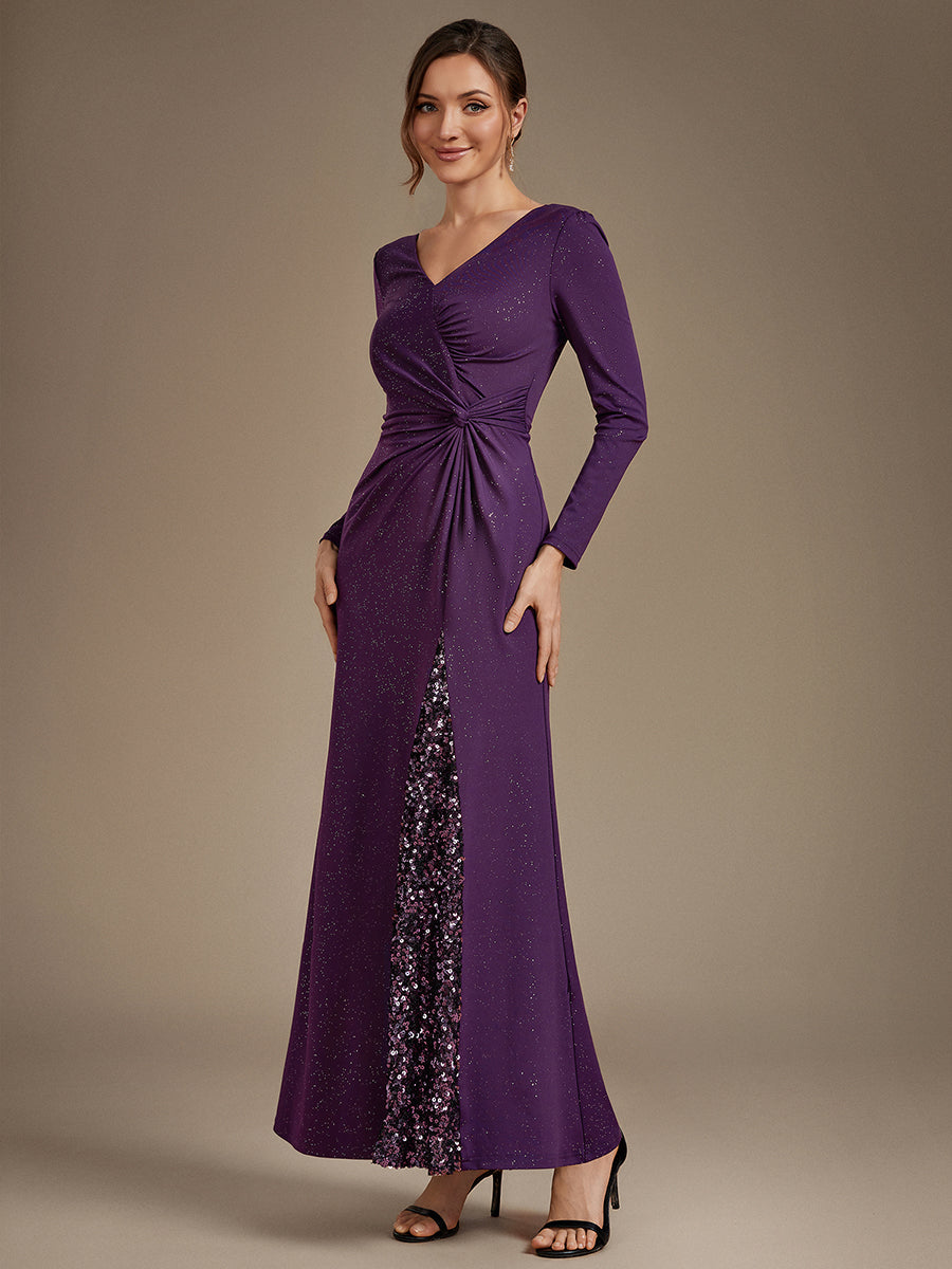 Sequin Knit Long Sleeve Evening Dress #color_Dark Purple