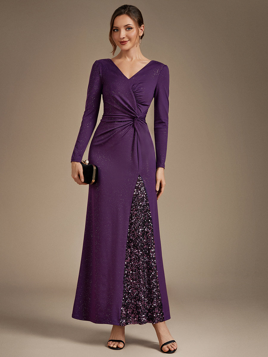 Sequin Knit Long Sleeve Evening Dress #color_Dark Purple
