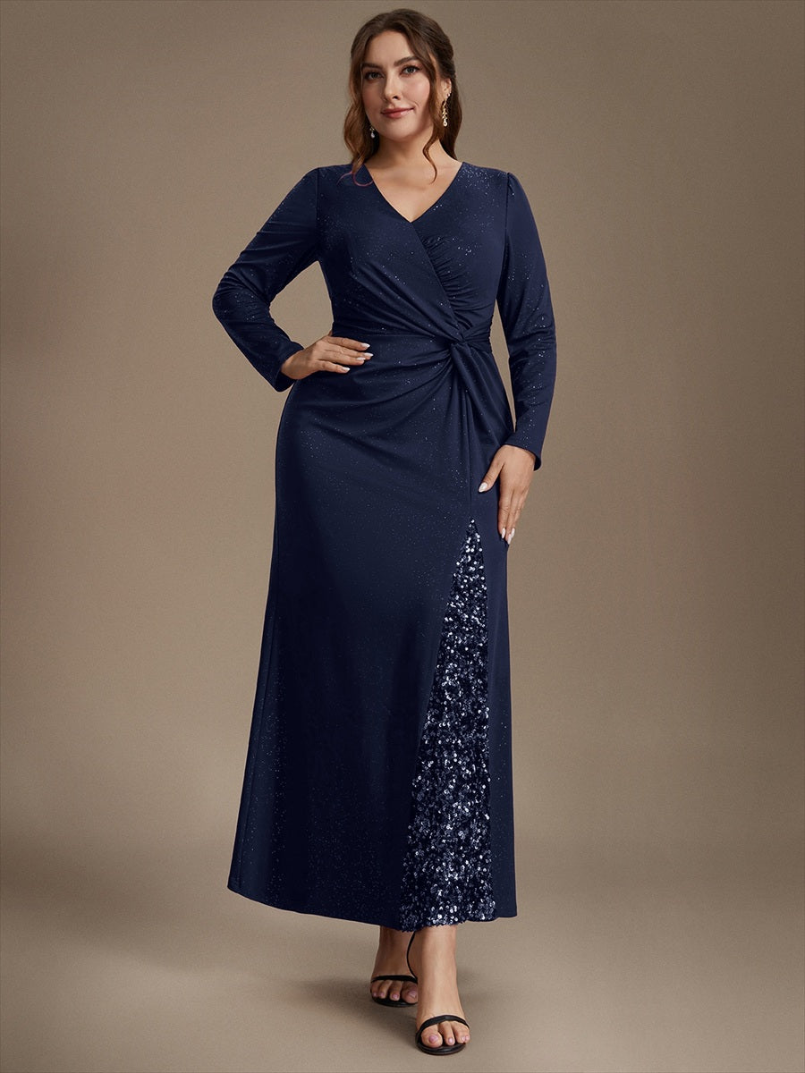 Sequin Knit Long Sleeve Evening Dress #color_Navy Blue