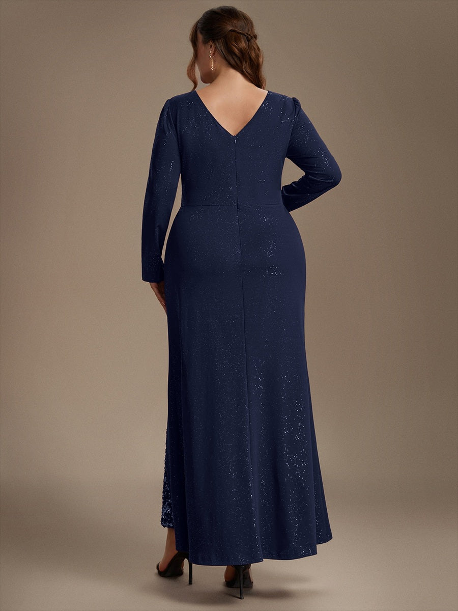 Sequin Knit Long Sleeve Evening Dress #color_Navy Blue