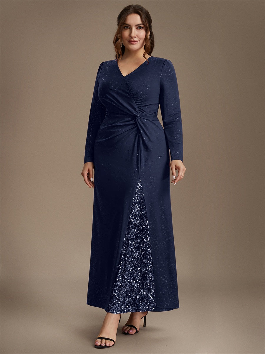 Sequin Knit Long Sleeve Evening Dress #color_Navy Blue