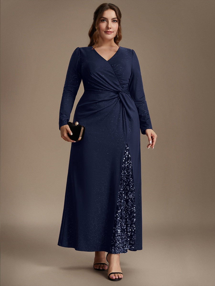 Sequin Knit Long Sleeve Evening Dress #color_Navy Blue