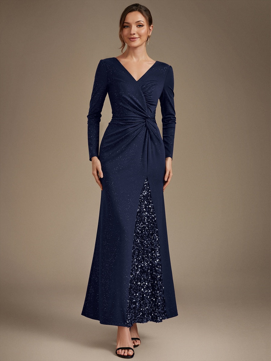 Sequin Knit Long Sleeve Evening Dress #color_Navy Blue