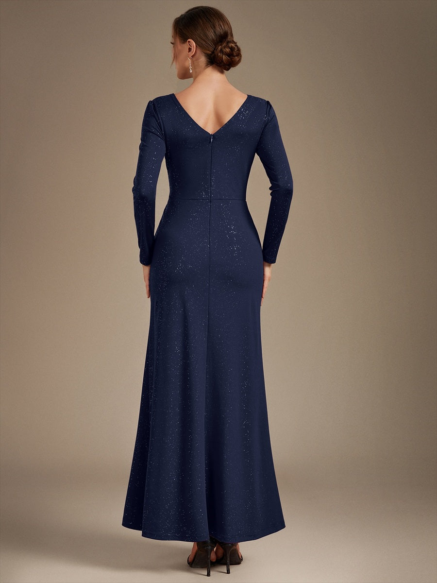 Sequin Knit Long Sleeve Evening Dress #color_Navy Blue