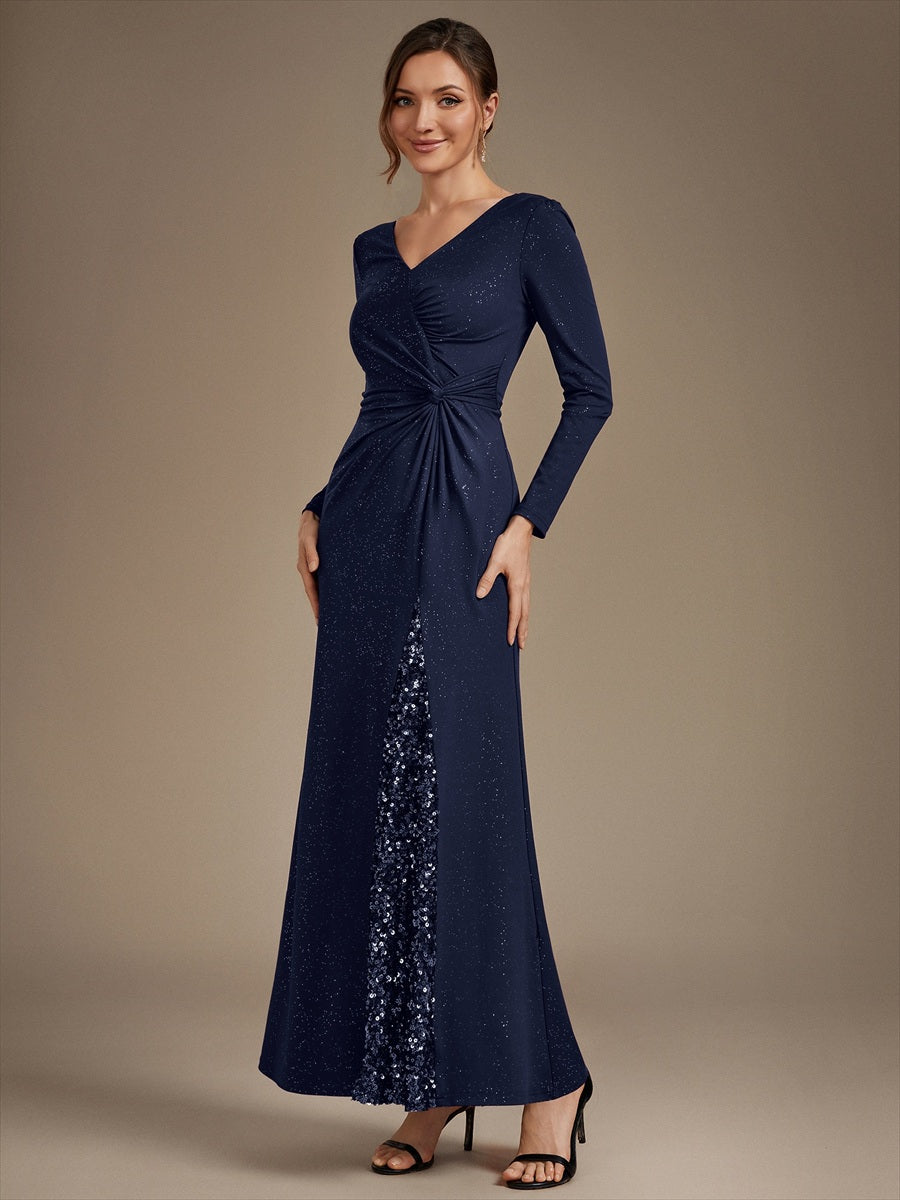 Sequin Knit Long Sleeve Evening Dress #color_Navy Blue