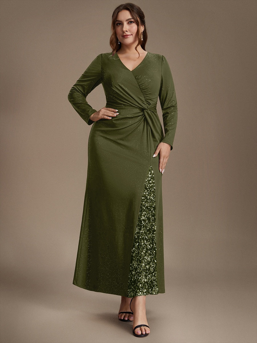 Sequin Knit Long Sleeve Evening Dress #color_Olive Green