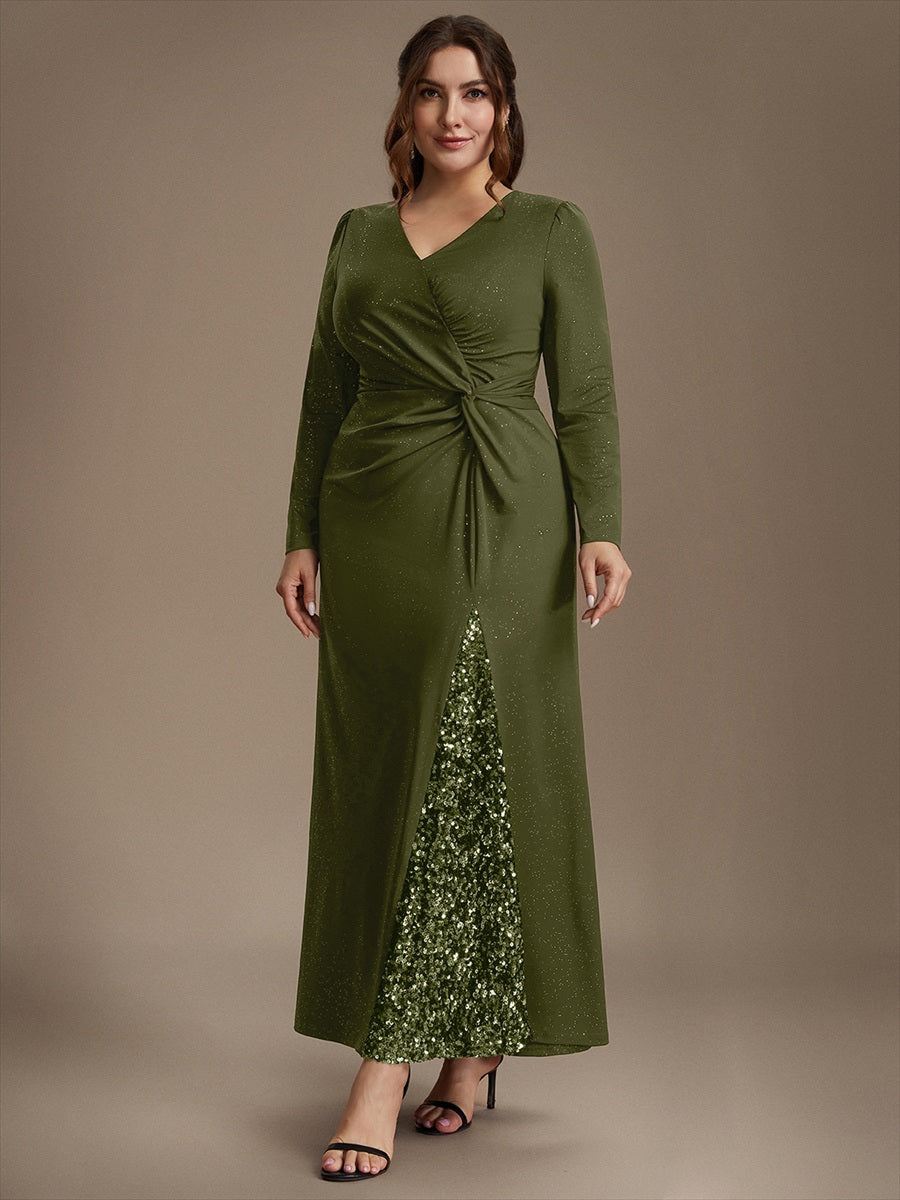 Sequin Knit Long Sleeve Evening Dress #color_Olive Green