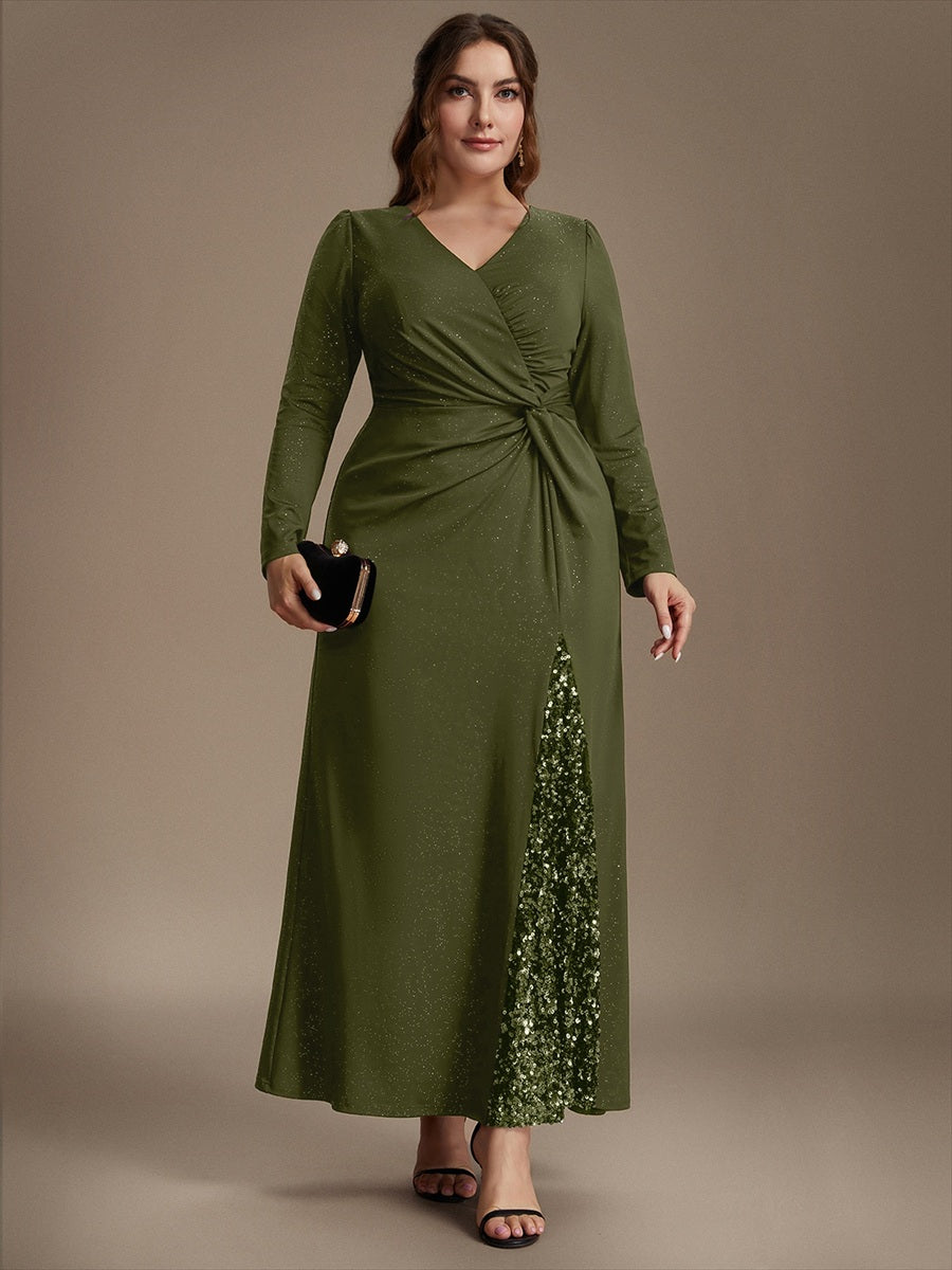 Sequin Knit Long Sleeve Evening Dress #color_Olive Green
