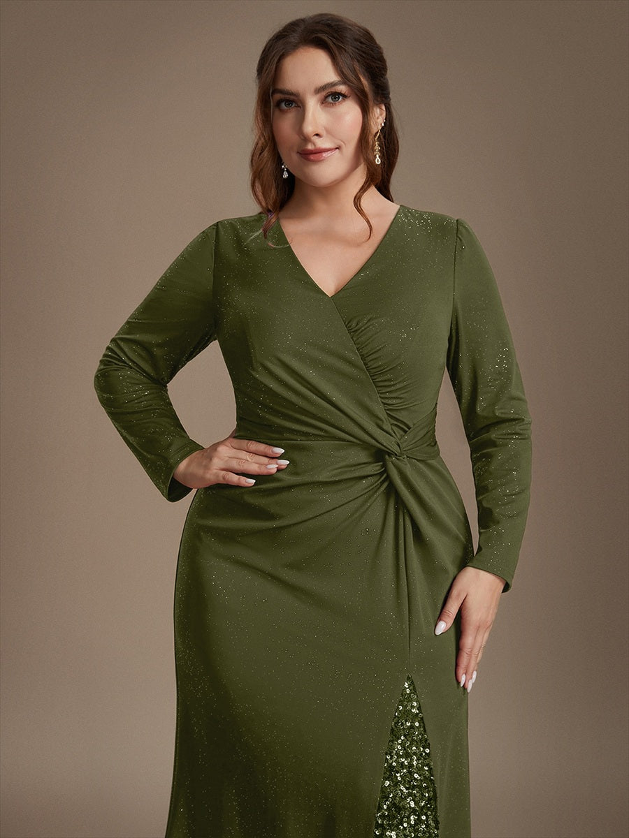 Plus Size Sequin Knit Evening Dress #color_Olive Green