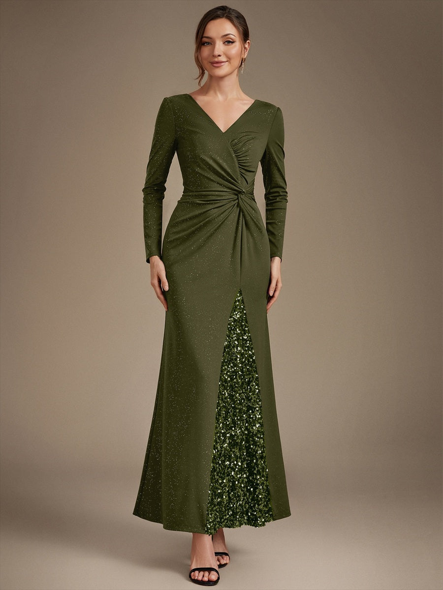 Sequin Knit Long Sleeve Evening Dress #color_Olive Green