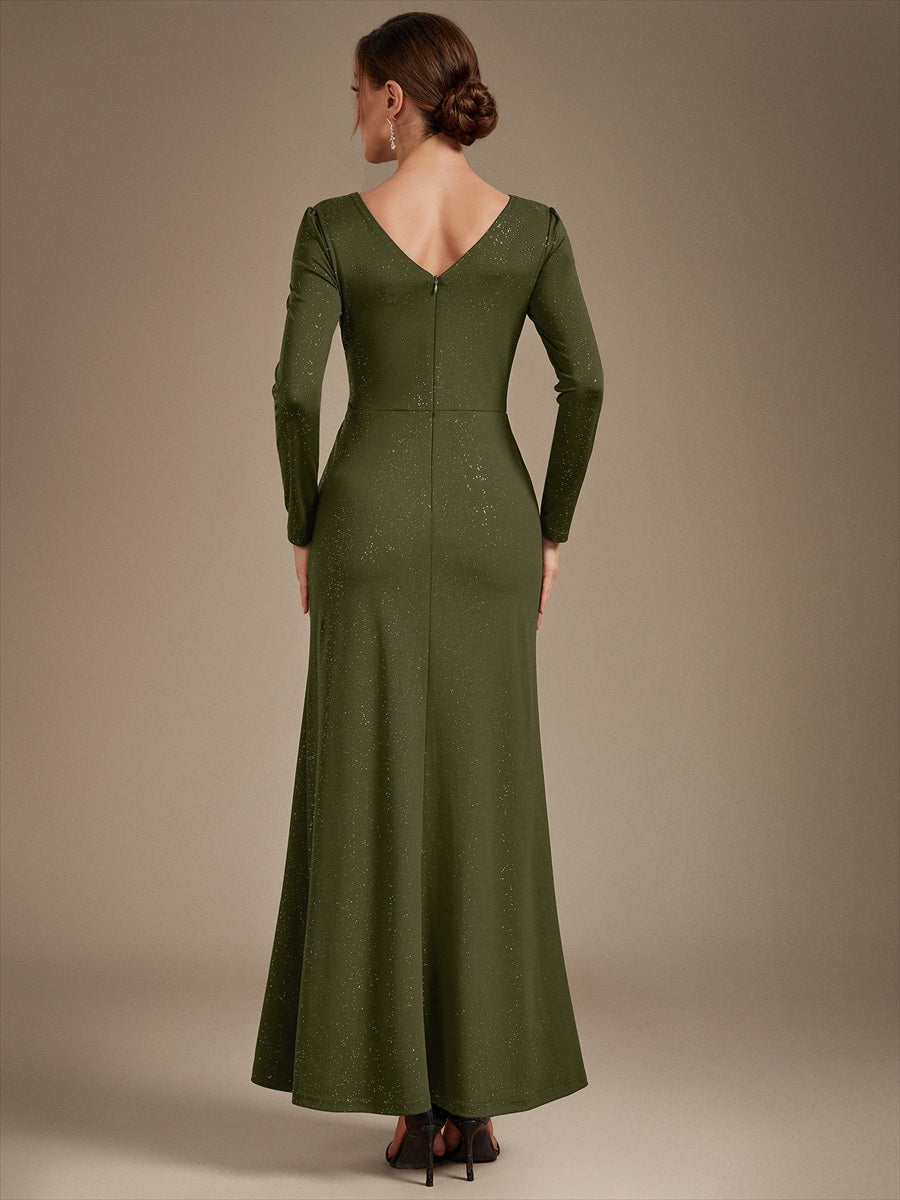 Sequin Knit Long Sleeve Evening Dress #color_Olive Green