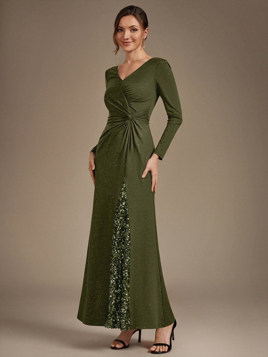 Sequin Knit Long Sleeve Evening Dress #color_Olive Green