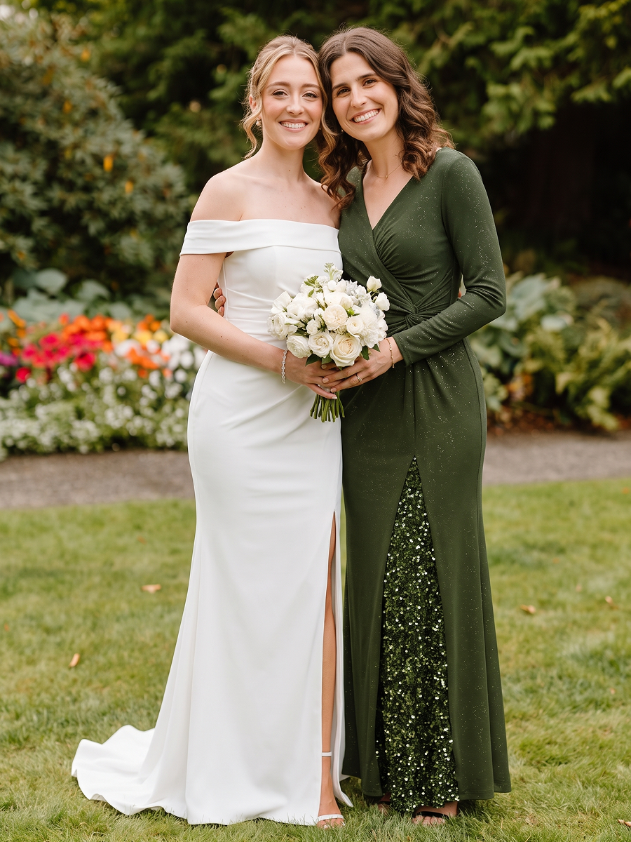Sequin Knit Long Sleeve Evening Dress #color_Olive Green