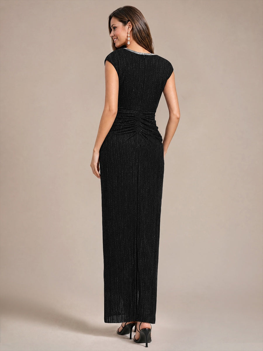 Tulle Cap Sleeve Bodycon Evening Dress #color_Black