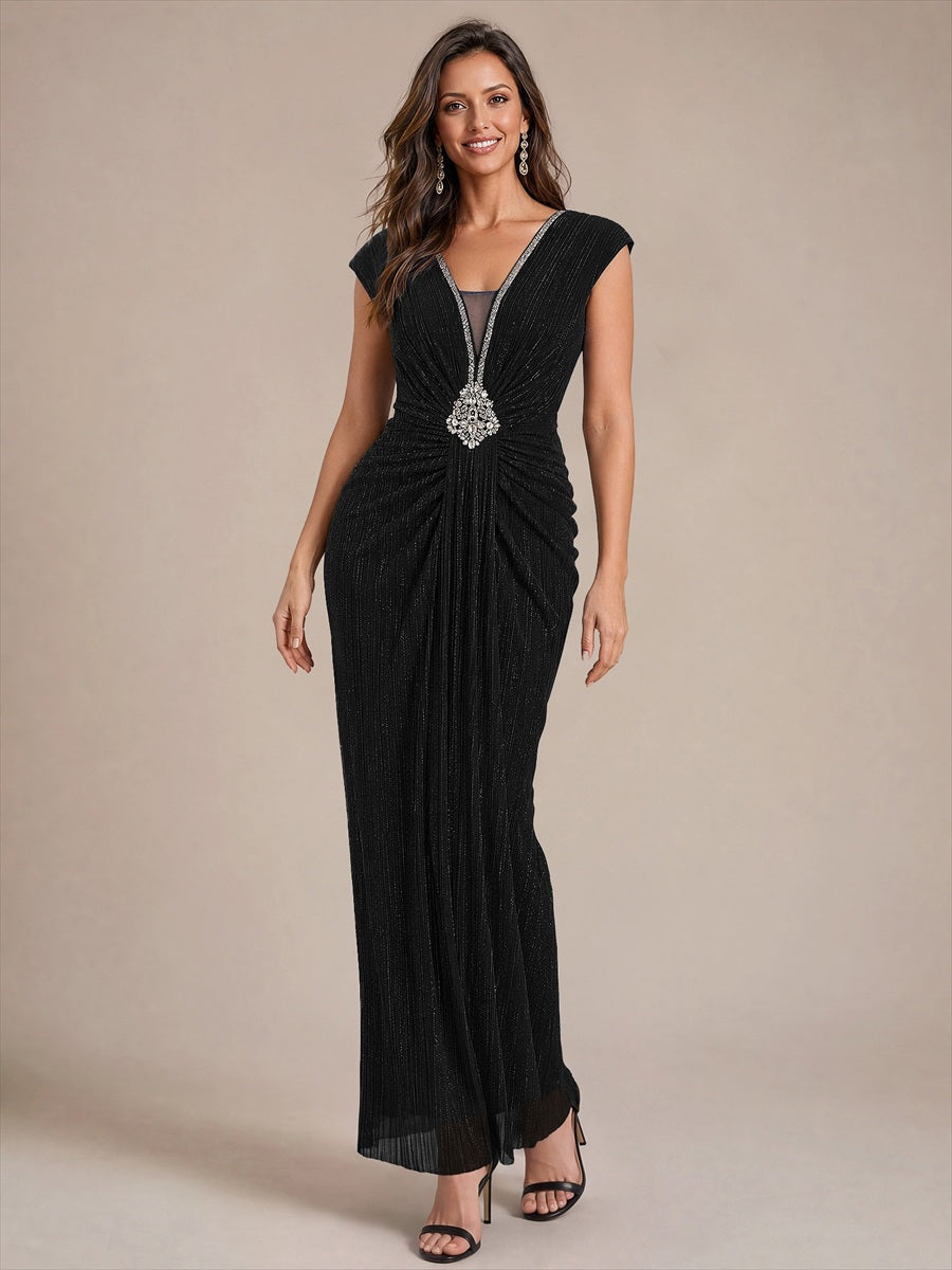 Tulle Cap Sleeve Bodycon Evening Dress #color_Black