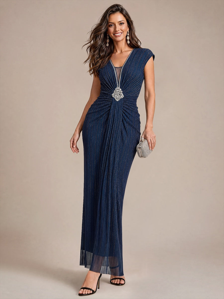Tulle Cap Sleeve Bodycon Evening Dress #color_Navy Blue