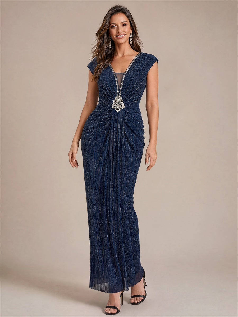 Tulle Cap Sleeve Bodycon Evening Dress #color_Navy Blue