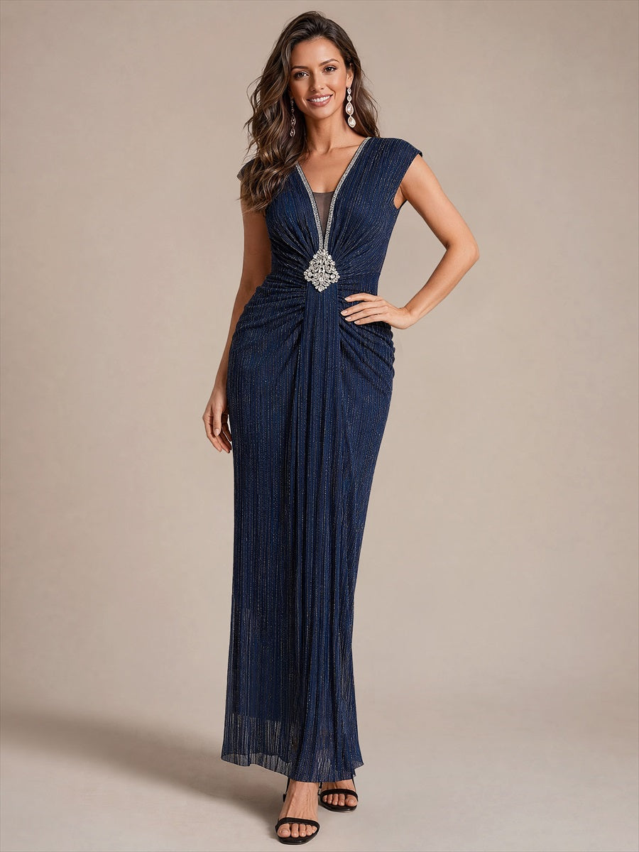 Tulle Cap Sleeve Bodycon Evening Dress #color_Navy Blue